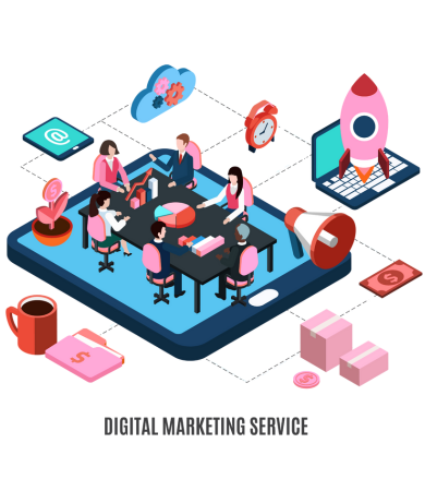 Digital marketing services concept showing teamwork, analytics, social media, and business growth.