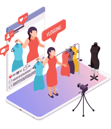 Content creator livestreaming fashion haul showing dresses to audience with likes and comments on screen