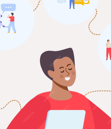 Illustration of a person using AI chatbots and automation tools to create personalized digital experiences.