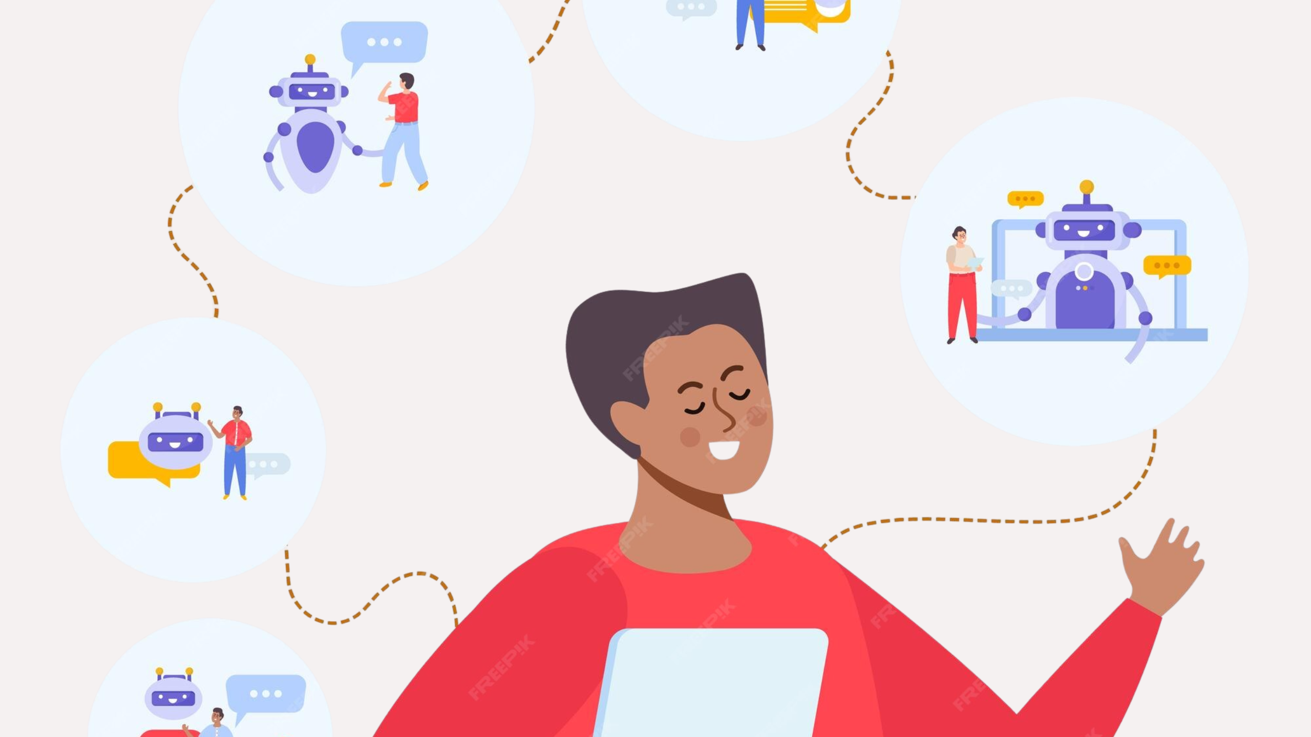 Illustration of a person using AI chatbots and automation tools to create personalized digital experiences.