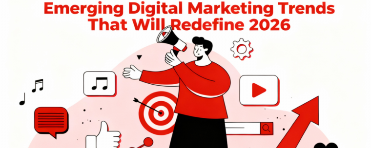 Digital marketer holding a megaphone surrounded by social media, music, video and target icons representing emerging digital marketing trends for 2026