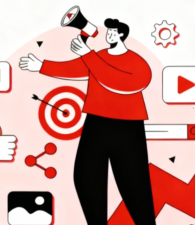 Illustration of a marketer holding a megaphone surrounded by icons for social media, targeting, video, and analytics, symbolizing how a digital marketing agency uses online marketing tools to drive growth and engagement