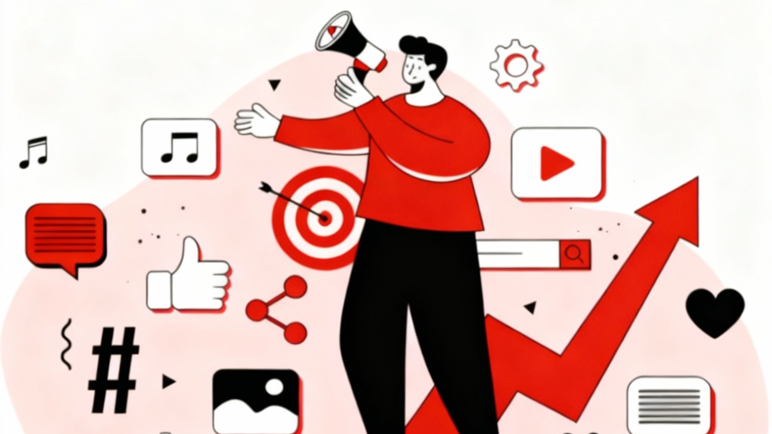 Illustration of a marketer holding a megaphone surrounded by icons for social media, targeting, video, and analytics, symbolizing how a digital marketing agency uses online marketing tools to drive growth and engagement