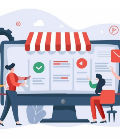 Digital marketing teamwork illustration showing small business storefront online with reviews, emails, and marketing tasks on a computer screen