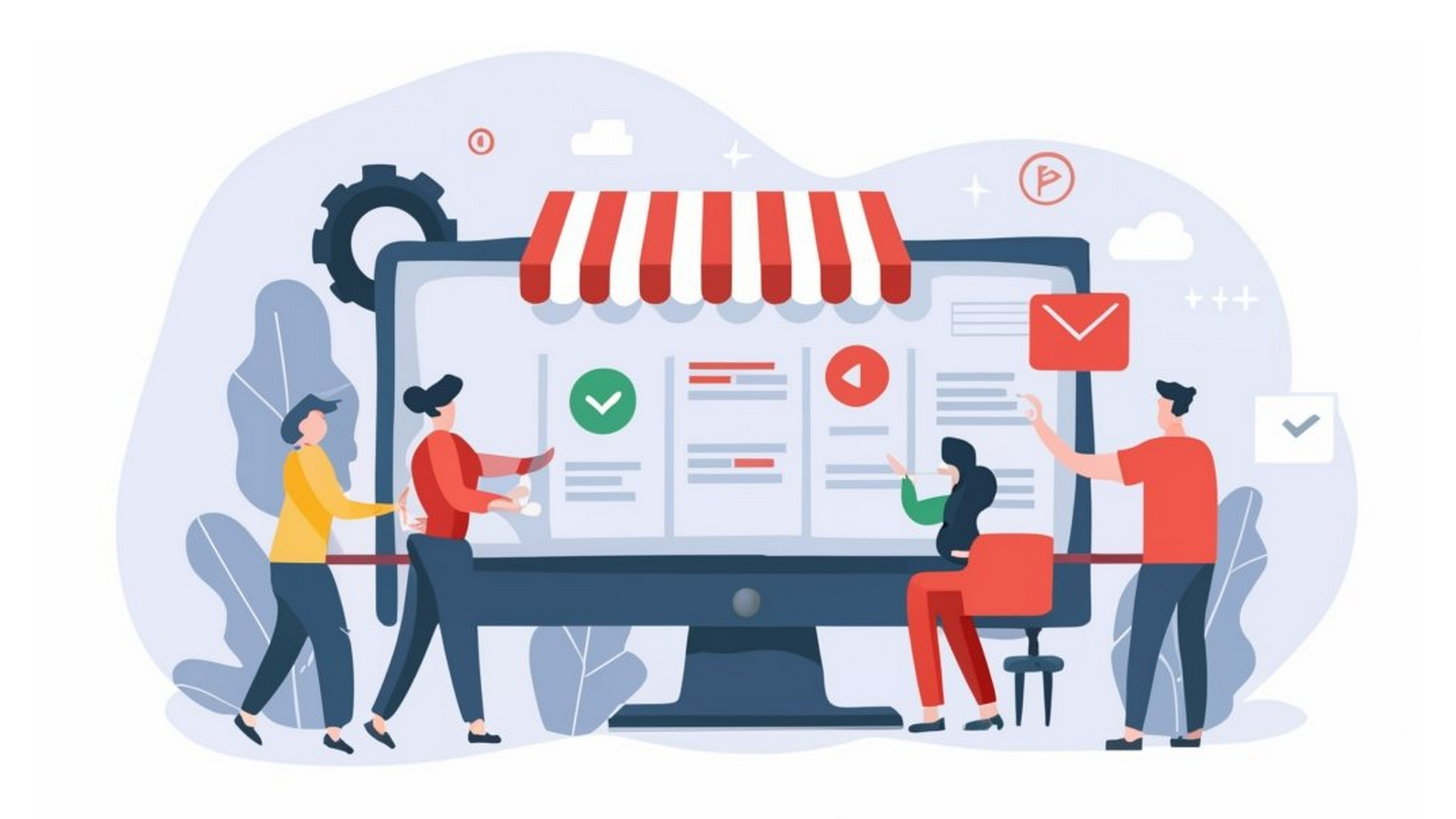Digital marketing teamwork illustration showing small business storefront online with reviews, emails, and marketing tasks on a computer screen
