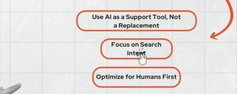 AI SEO best practices highlighting use of AI as a support tool, focus on search intent, and optimizing content for humans first