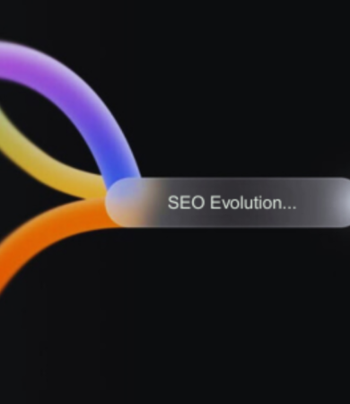 Neon digital waves converging into a glowing beam with “SEO Evolution…”, representing AI-powered transformation in SEO.