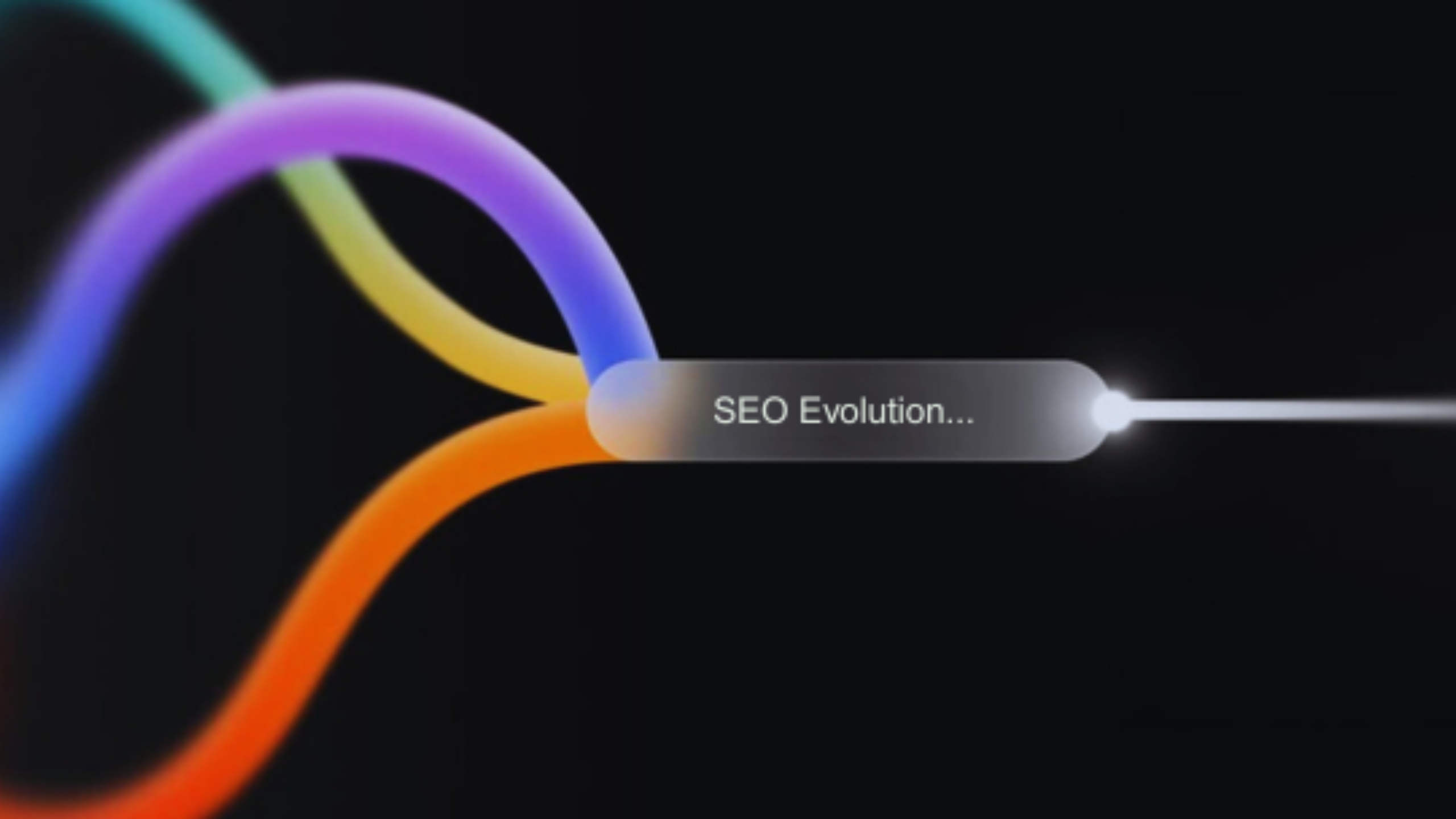 Neon digital waves converging into a glowing beam with “SEO Evolution…”, representing AI-powered transformation in SEO.