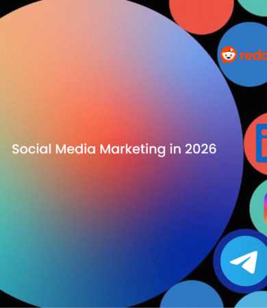 Gradient circle graphic with the text Social Media Marketing in 2026 surrounded by colorful icons of major social platforms including Facebook, Instagram, LinkedIn, YouTube, WhatsApp, Reddit, Telegram, Pinterest, WeChat, and X.