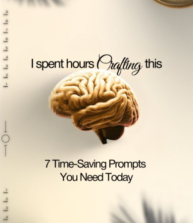 Illustration of a human brain with text about crafting ideas and 7 time-saving prompts, representing AI productivity and faster content creation