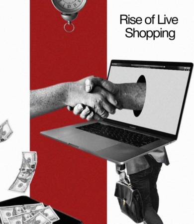 Handshake emerging from a laptop screen with money and a clock, representing the rise of live shopping and real time online sales.