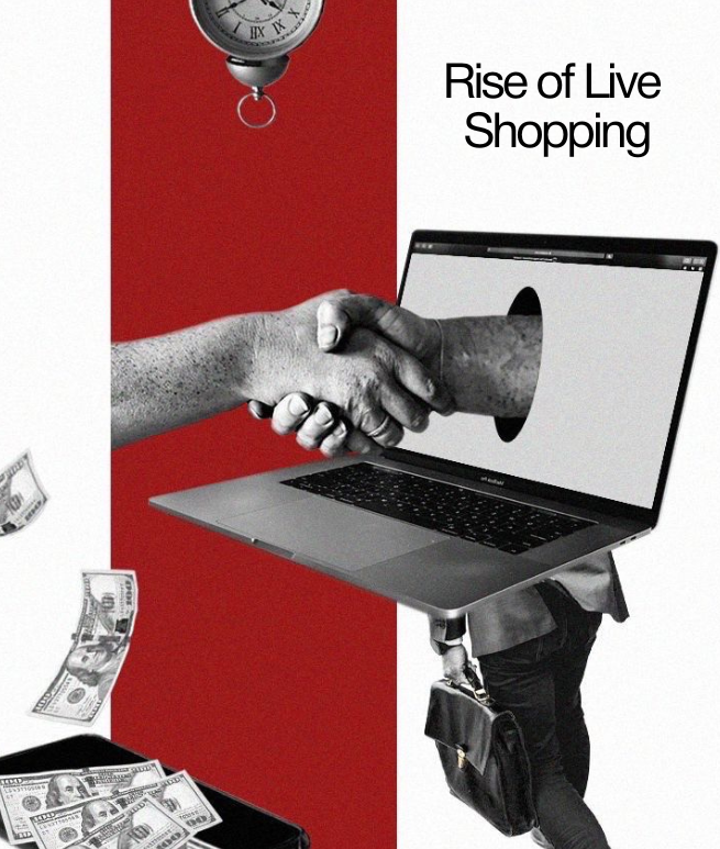 Handshake emerging from a laptop screen with money and a clock, representing the rise of live shopping and real time online sales.