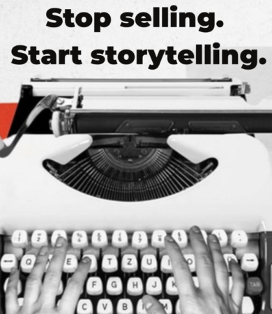 Stop selling, start storytelling message shown above a vintage typewriter used for content marketing