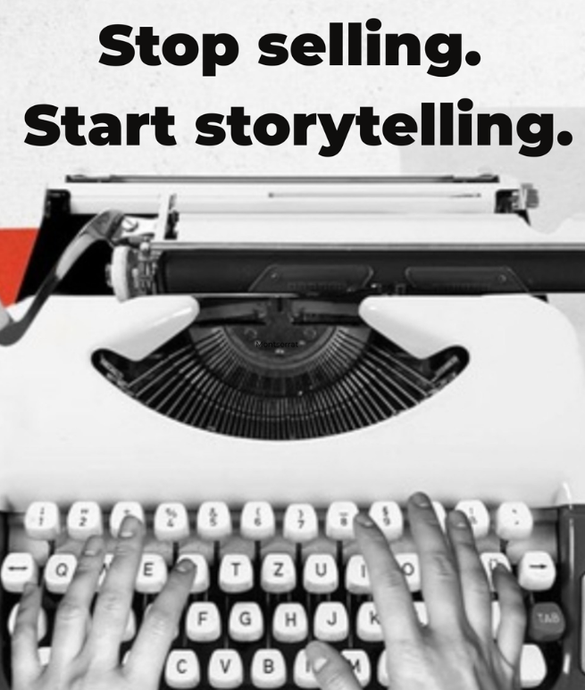 Stop selling, start storytelling message shown above a vintage typewriter used for content marketing